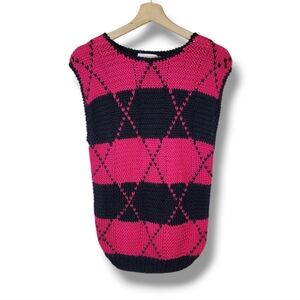 Licorice Vintage 80s Sweater Vest Size L Pink Black Argyle Chunky Knit Retro